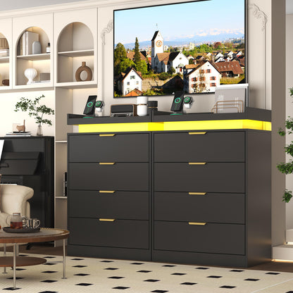 knoworld Black Dresser with LED Lights, Wooden LED Dresser, 4 Drawer Chest with Charging Station, Tall Chest of Drawer Closet Organizer for Bedroom, Living Room, Entryway, Hallway