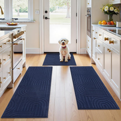 U'Artlines Kitchen Rugs and Mats Set of 3, Non Skid Washable Blue Geometric Kitchen Mats for Floor, Absorbent and Stain Resistant Floor Mat for Laundry, Sink Decor 20x32+20x48+20x59
