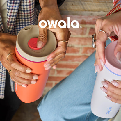 Owala SmoothSip Slider Insulated Stainless Steel Coffee Tumbler, Reusable Iced Coffee Cup, Hot Coffee Travel Mug, BPA Free 12 oz, Tan/White (Vanilla Bean)
