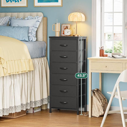 Huuger Tall Dresser for Bedroom, Stable 6 Drawer Dresser with Anti-Tip Device, PU Leather & Fabric Drawers, Tall Nightstand for Closet, Nursery, Storage Tower for College Dorm High Beds, Black