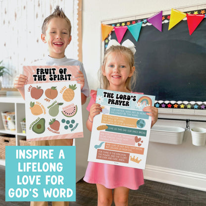 Hadley Designs Sunday School Decorations for Classroom –9 Bible Posters for Kids, Books of the Bible, 10 Commandments, Bible Timeline Chart, Fruits of the Spirit, Retro Christian Classroom Decor