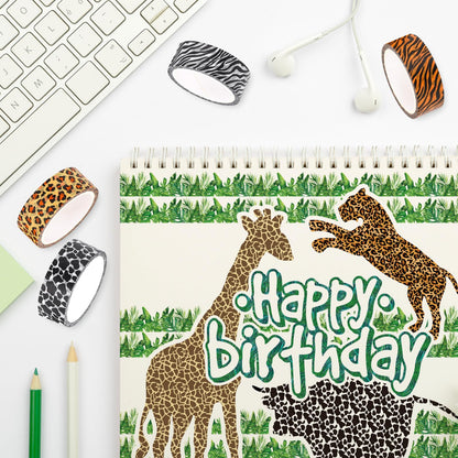 Whaline 8 Rolls Animal Prints Washi Tape Safari Jungle Decorative Masking Tape Set Leopard Cheetah Zebra Tiger Giraffe Greenery Wrapping Paper Tapes for Scrapbook Journal DIY Art Crafts