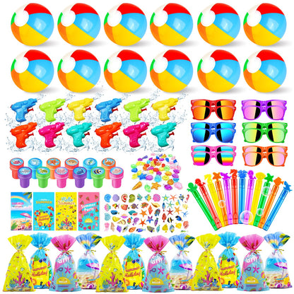 Pool Party Favors and Beach Party Favors,158PCS Summer Pool Toys for Kids, Undersea theme decoration, Including Beach Balls, Sunglasses, Bubble Wands, Stamp and Crystal Shells for Kids Ages 4-8 8-12