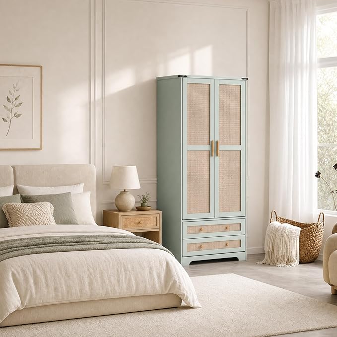 Brafab Armoire Wardrobe Closet with 2 Rattan Doors Set of 2, 71" Vintage Tall Freestanding Coat Closets with Drawers and Hanging Rail, Wooden Armoires Storage Cabinet with Shelf for Bedroom