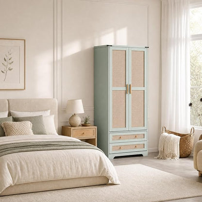 Brafab Armoire Wardrobe Closet with 2 Rattan Doors, 71" Vintage Blue Tall Freestanding Coat Closets with Drawers and Hanging Rail, Wooden Armoires Storage Cabinet with Shelf for Bedroom