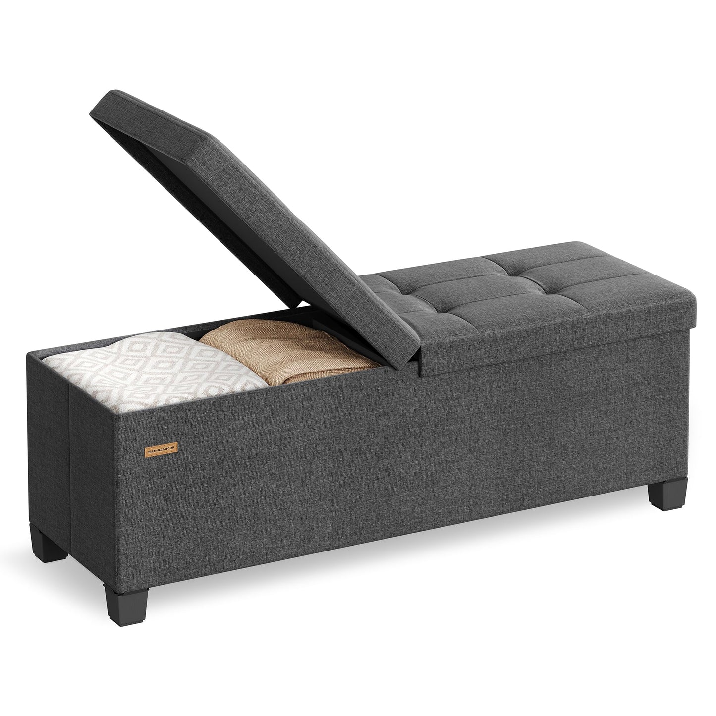 SONGMICS Storage Ottoman Bench with Legs, Folding Ottoman Foot Rest with Flipping Lid, Bench with Storage, for Living Room, Bedroom, Entryway, Linen-Look Fabric, 43.3 Inches, Slate Gray ULSF079GN01