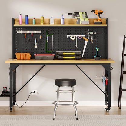 YITAHOME 48" Adjustable Workbench with Pegboard, Wheels, 1600 LB Capacity, Rolling Work Table with AC/USB Outlets, Hooks, and Rack, Heavy-Duty Work Bench for Garage, Workshop, Office