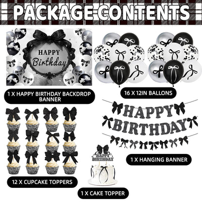 Black Bow Birthday Party Decorations Set - Cute Backdrop Banner, Hanging Banners, Balloons, Cake & Cupcake Toppers, Princess Theme Party Supplies Kit for Girls, Kids, Baby Shower