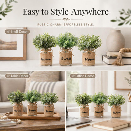 Suncalla 3 Pcs Spring Mason Jar Table Centerpiece Decor Small Fake Plants Farmhouse Rustic Burlap Vases Artificial Eucalyptus Rosemary Plants for Office Laundry Bathroom Shelf Table Wedding Decoration