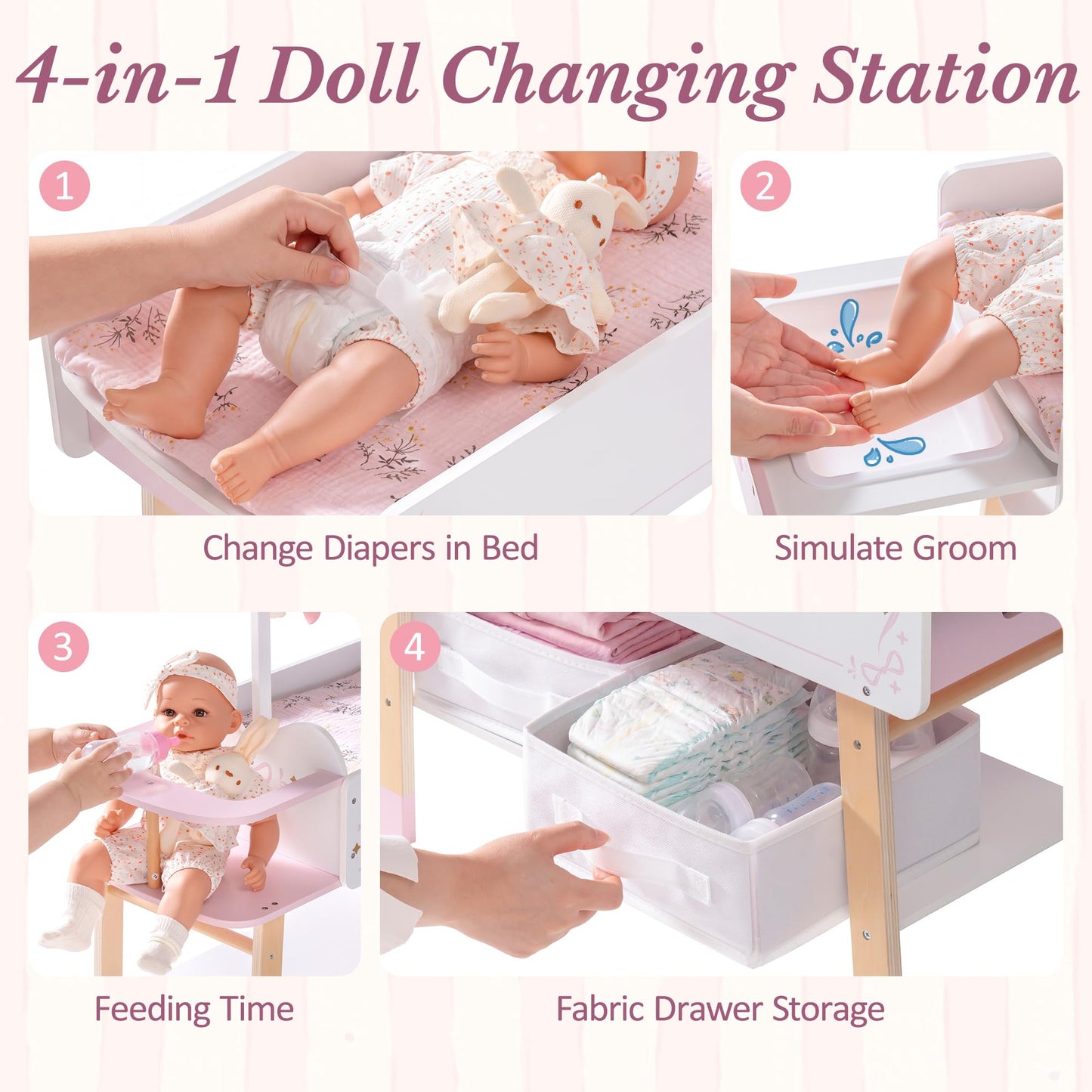 ROBUD Wooden All-in-One Baby Doll Changing Table with Mattress, Removable Sink, 2 Fabric Drawers, Bed Bell, Doll Furniture with Realistic Details for Kids 3+, Fits Dolls Up to 20 in, Pink