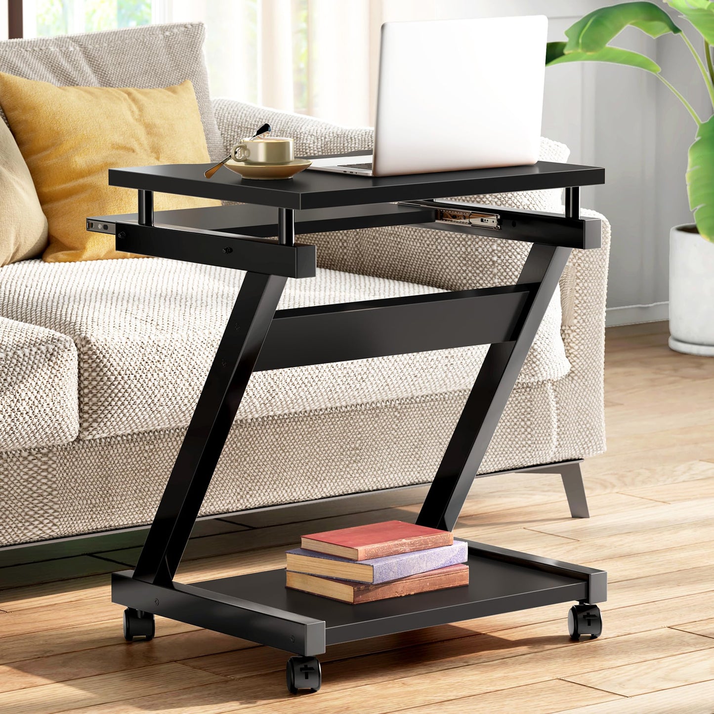 sogesfurniture Mobile Computer Desk, Small Rolling Work Workstation for Home and Office with Printer Shelf, Keyboard Drawers,23.6 x 18.9 x 28.7 Inches,BHUS-DX-8110-BB(Black)