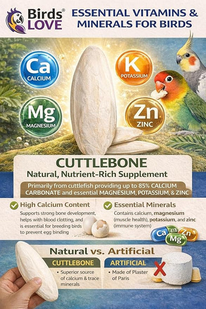 Birds LOVE 7.5-8" Cuttlebone for Birds – 100% Natural Sun-Dried Calcium Carbonate Mineral Supplement – for Parakeets, Budgies, Cockatiels, Finches & Canaries – 2 Pack with Holder – Made in Vietnam