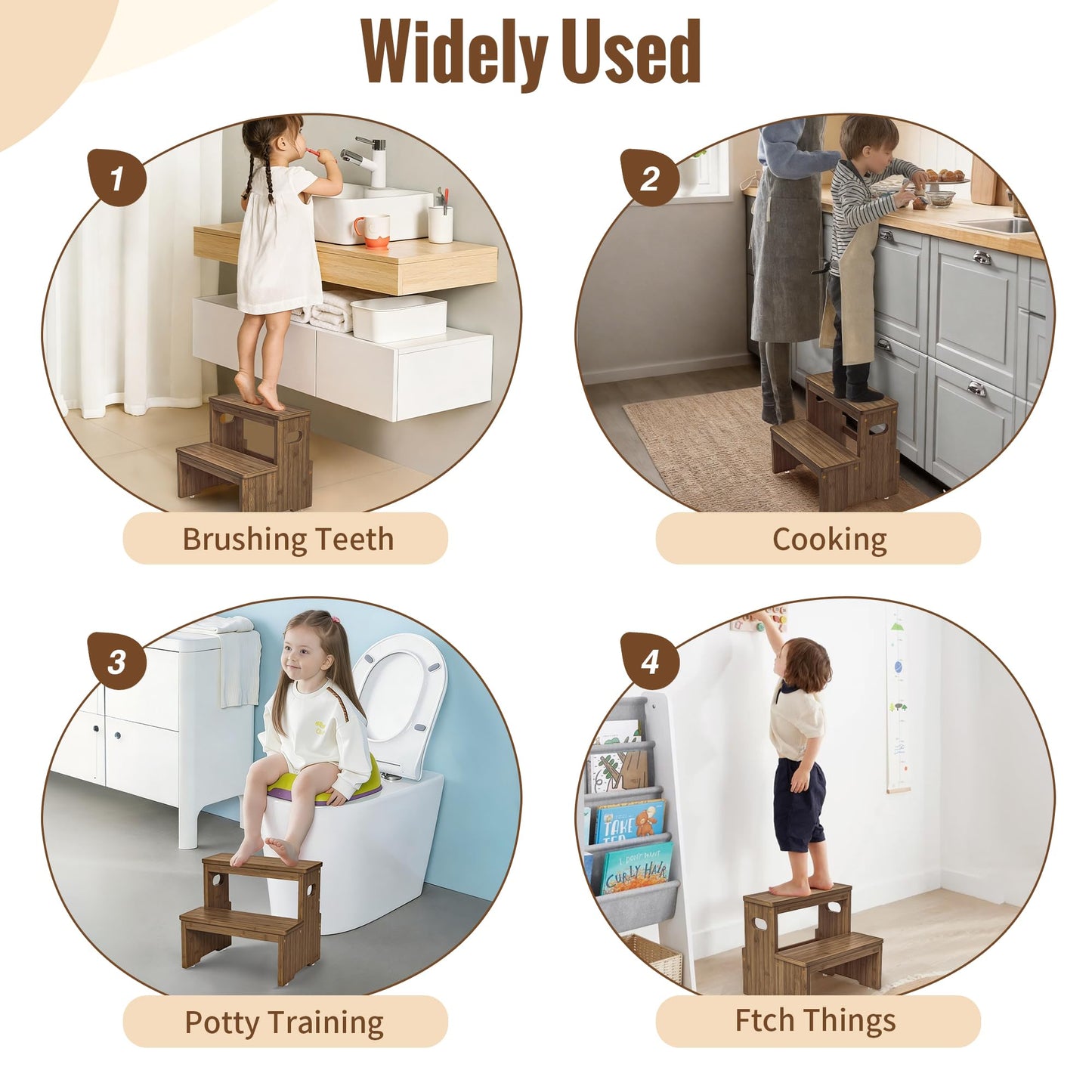 Aiowhy Two Step Stool for Adults and Kids, 450lbs Heavy Duty Step Stool, Bamboo Step Stool for High Beds, Portable Helper Step Stairs for Kids, for Kitchen, Bathroom, RV, Bedside Step Stool, Walnut