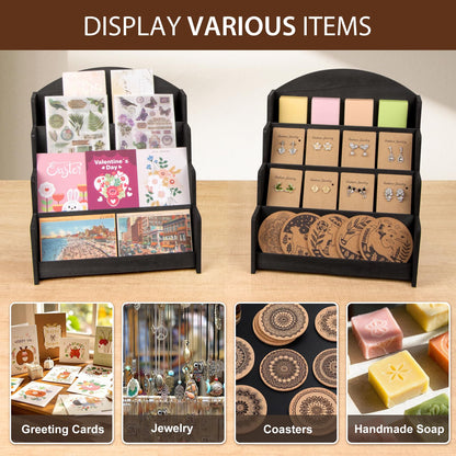PUERSI Greeting Card Display Stand, Wooden 4-Tier Postcard Display Stand Holder for Sticker, Vendors, Retail Stores, Black