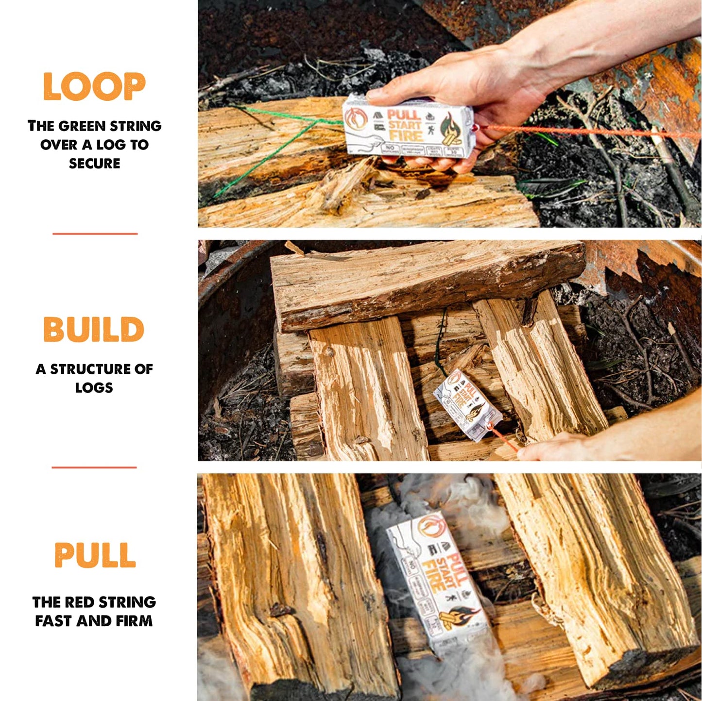 Pull Start Fire Pull String Firestarter | No Matches Required, Fire Starts in Seconds | for Campfires, Grill, Fireplace, BBQ | Lights Wet Wood, Easy to Use, Food Safe and Weather Resistant | 6 Pack