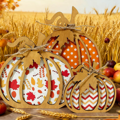 EMINGSKY Fall Decor 3PCS Wooden Pumpkin - Autumn Farmhouse Self Sitters, Small Decor for Home Shelf Table Tiered Tray Mantel Office