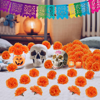 100PCS Marigold Flower Heads with Stems – Artificial Cempasuchil Flowers for Día de Los Muertos Altar, Day of The Dead Decorations, Halloween, Mexican Party, DIY Garland & Wreath Décor（Orange）