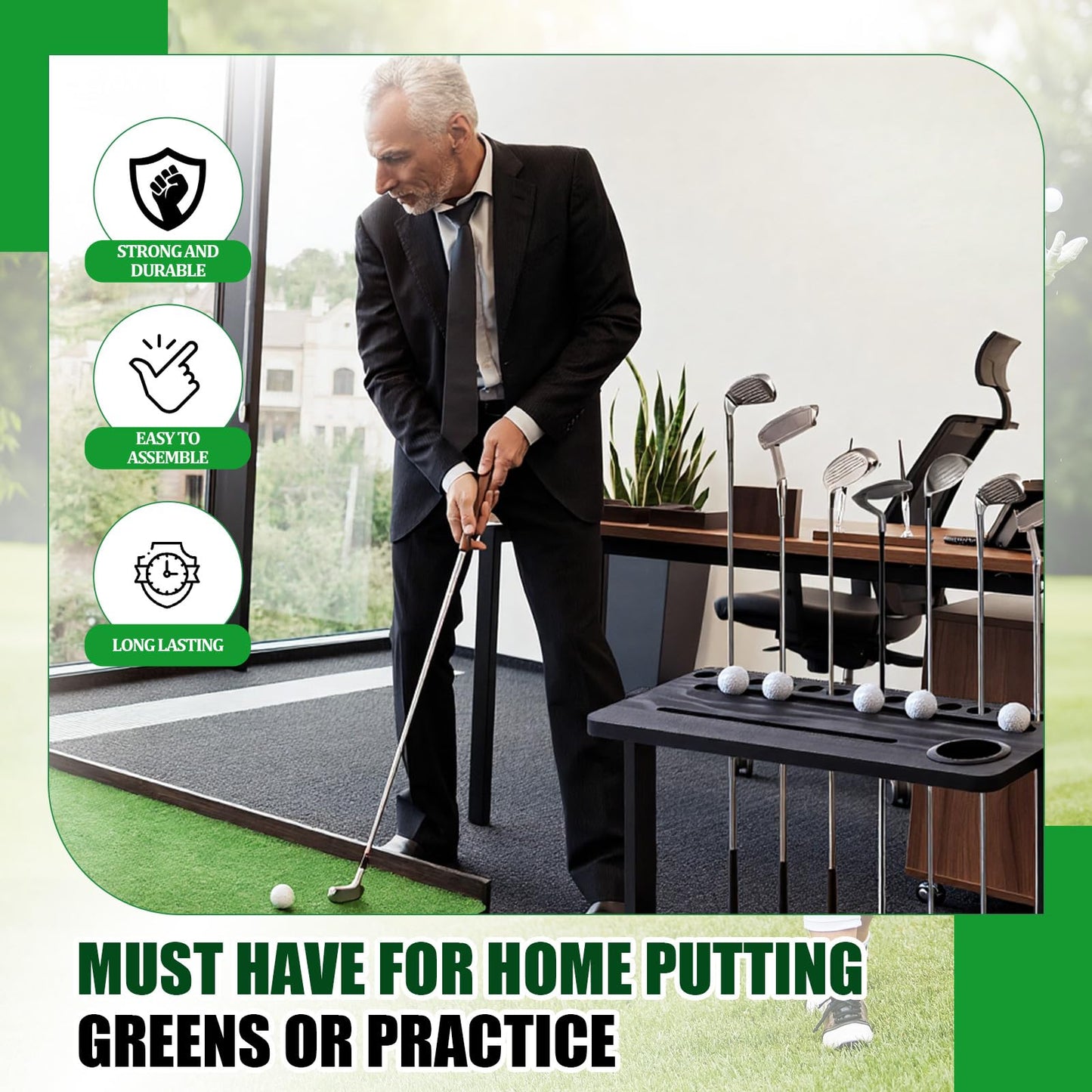Wesiti Wooden Golf Club Holder Stand for 14 Clubs 15 Balls Golf Putter Stand for Indoor Home Office, 25.6 x 12 Inch