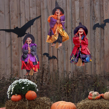 Gawertoy Halloween Witch Ornaments 3 PCS, 8" Flying Witch Figures on Broomsticks, Haunted House Hanging Props