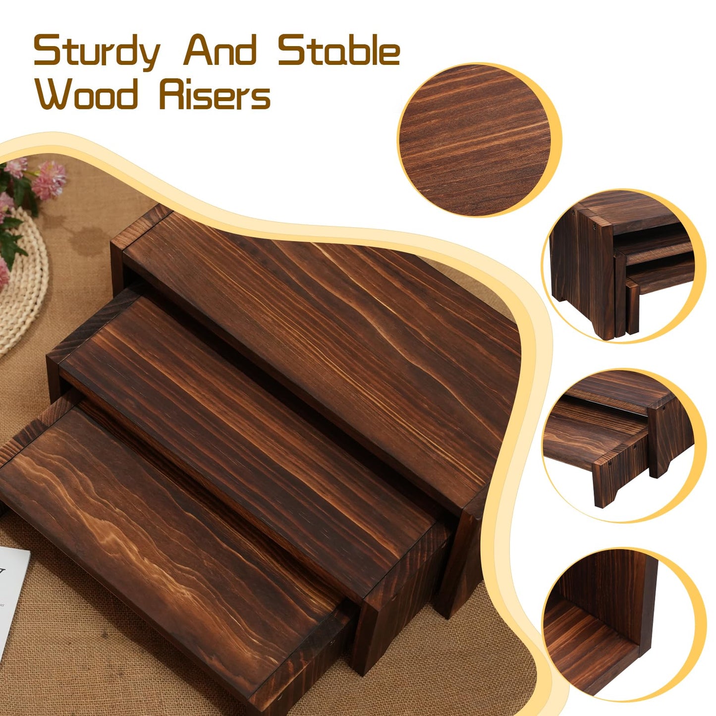Infankey 3-Tier Wooden Cupcake Stand & Display Risers, for Food Desserts & More, Sturdy & Reusable