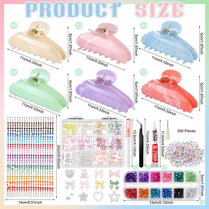 XunYee 12 Set DIY Hair Claw Clips Kit Acrylic Claw Clip with Rhinestones Letters Beads and Bow Star Bear Peal Stickers Accessories Non-Slip Banana Barrettes for Women Party Crafting Night DIY