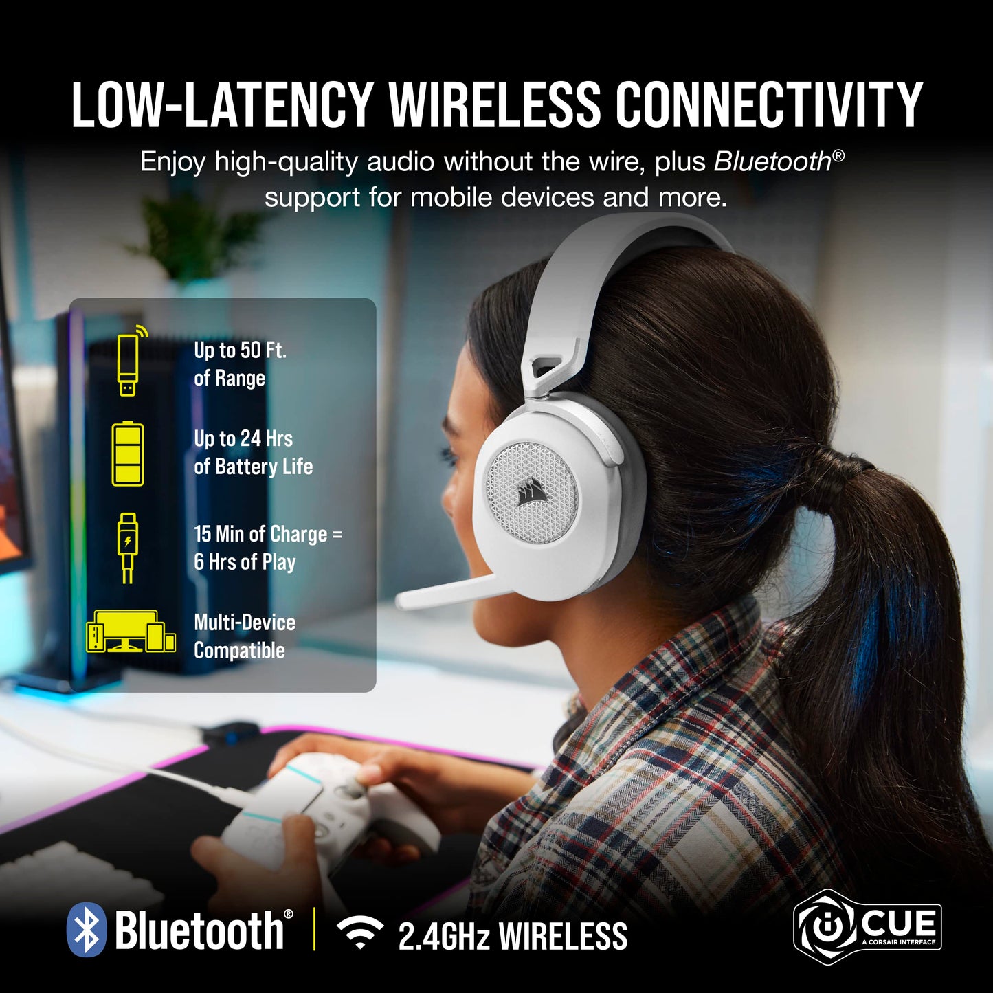 Corsair HS65 Wireless Multiplatform Gaming Headset with Bluetooth - Dolby Audio 7.1 - Omni-Directional Microphone - iCUE Compatible - PC, Mac, PS5, PS4, Mobile - White