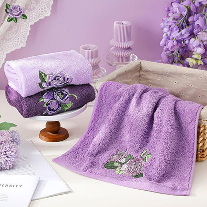 3 Pcs Purple Rose Hand Towels Lavender Purple Bathroom Decor Embroidered Floral
