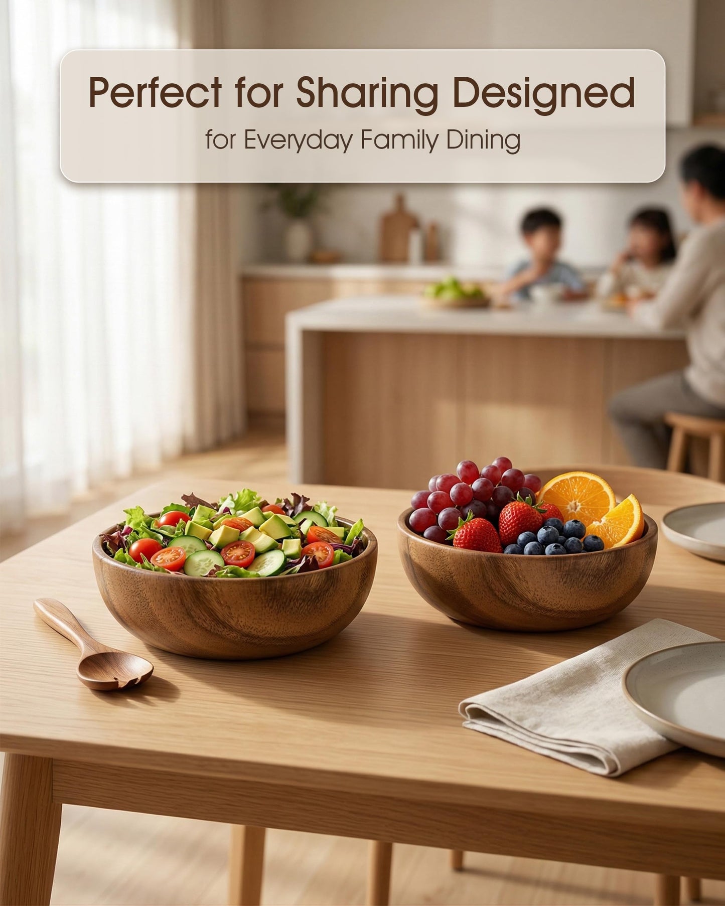 GleeNflux Wood Bowl Set of 2, 8.6" Acacia Wooden Salad Bowls, Natural Solid Wood Serving Bowls for Salad, Pasta, Fruit, Snacks, Kitchen & Dining, Housewarming Gift