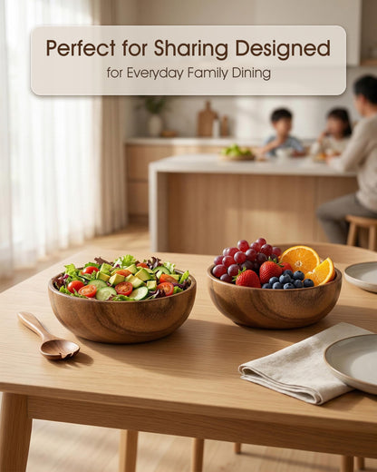 GleeNflux Wood Bowl Set of 2, 8.6" Acacia Wooden Salad Bowls, Natural Solid Wood Serving Bowls for Salad, Pasta, Fruit, Snacks, Kitchen & Dining, Housewarming Gift