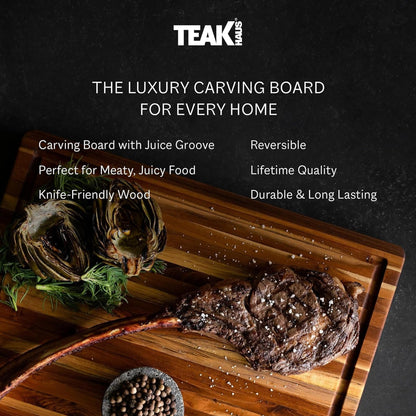 Teakhaus Carving Board with Juice Groove - Small (S) Teak Wood Cutting Board 14”L x 10”W x 1” Thick - Lightweight, Sustainably Harvested & FSC Certified - Knife Friendly with Beeswax Oil Finish