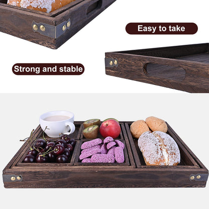 Wood Serving Tray with Handles, Set of 7 Rectangular Wooden Nesting Multipurpose Trays, Decorative Serving Trays Platter for Breakfast in Bed, Lunch, Dinner, Patio, Ottoman, Coffee Table, Party