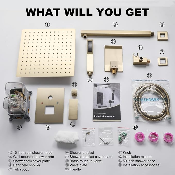 Brushed Gold Shower System with 10-Inch Rain Showerhead and Tub Spout | cUPC-certified pressure balance brass valve to prevent scalding, CEC-certified air injection technology for low pressure