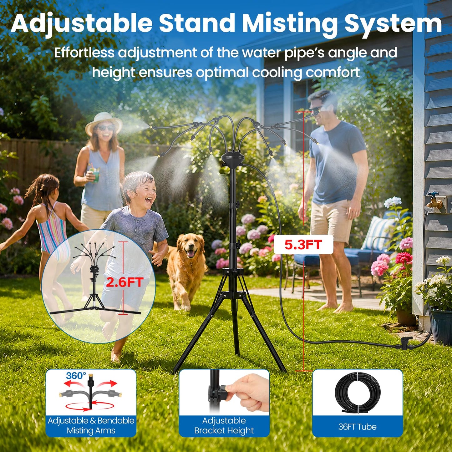 MIXC 8-Nozzles Standing Misters for Outside Patio, 2.6-5.3FT Adjustable Outdoor Misting Cooling System with 36FT Leak-Resistant Water Tubing, Portable Mist Hose for Patio, Backyard & Pool