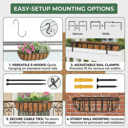 ZVOWOS 4 Pack 16" Railing Planter Window Box with Coco Fiber Liner Horse Trough Planter The Railing Planters Boxes for Deck Porch Fence Outdoor