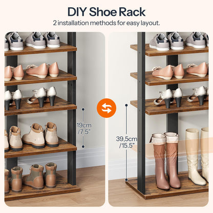 HOOBRO 10 Tiers Vertical Shoe Rack, Wooden Shoe Storage Organizer with Hooks, Narrow Shoe Tower for 20 Pairs, Space Saving, for Entryway, Living Room, Bedroom, Rustic Brown FG140XJ01