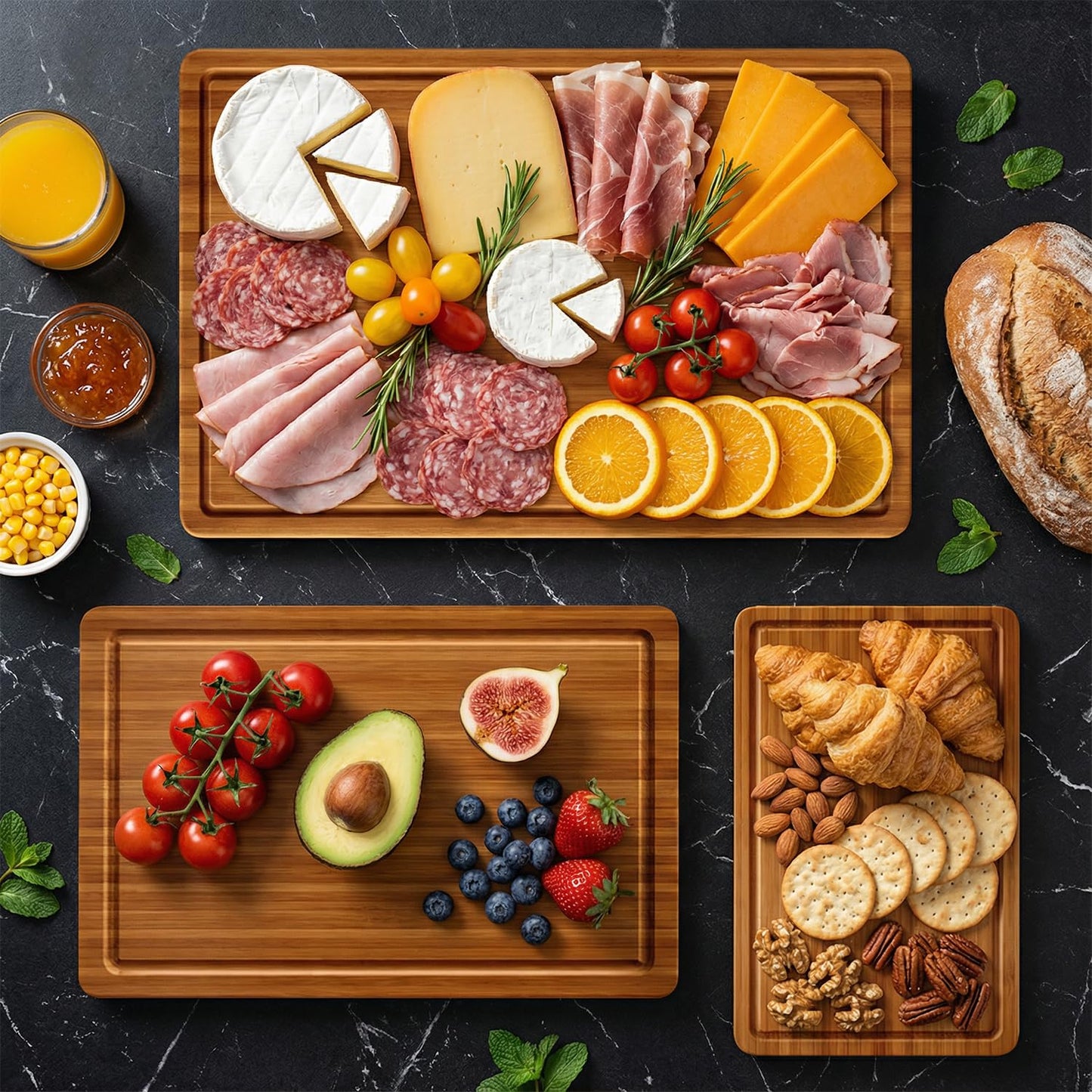 3 Pack Bamboo Cutting Board Set with Non Slip Feet Solid Wood Cutting Boards for Kitchen Non Toxic Wooden Chopping Boards Small Plastic Free Butcher Block Hardwood Serving Cheese Charcuterie Board