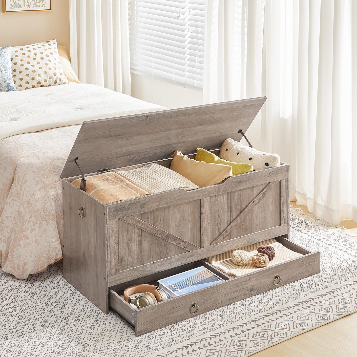 HOOBRO Storage Chest, 43.3" Toy Chest with Drawer, Wooden Storage Bench, Sturdy Entryway Bench Supports 220 lb, Shoe Bench, Safety Hinge, U-Shaped Opening, Easy Assembly, Greige BG711CW01G1