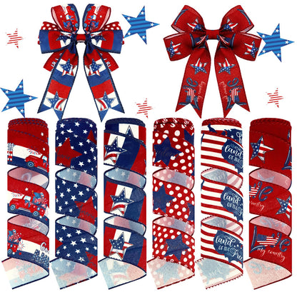 Tigeen 6 Rolls 30 Yards 250th Anniversary Memorial Day 4th of July Patriotic Ribbon Stars and Stripes Burlap Wired Edge Ribbon White Red Blue Decor for Independence Day Gift DIY Wreath Bow Craft