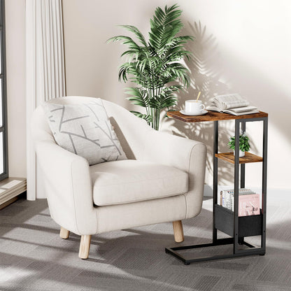 Yuede C Shaped End Table, Small Side Table for Couch, Recliner, Slide Under Sofa Tray Desk Snack Tables with Storage Bag for Living Room,Bedroom, Small Spaces - Rustic Brown