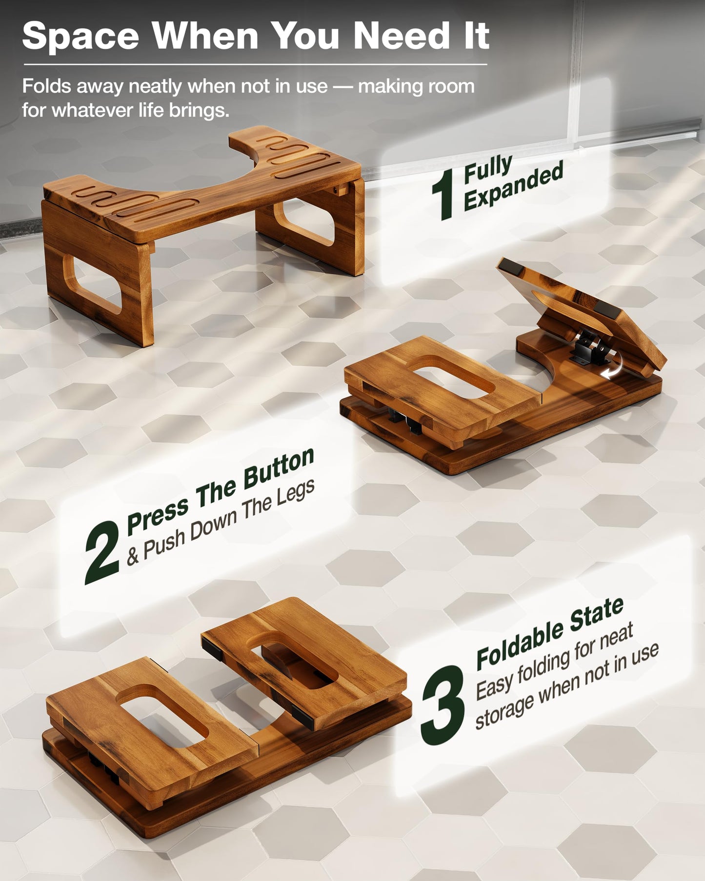 BLUEWEST Foldable Toilet Stool, 7'' and 9'' Adjustable Heights Acacia Wood Poop for Potty Training,Durable Collapsible Bathroom Stool, Adjustable Height for Family Members with Non-Slip Layer