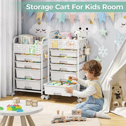 4 Drawer Rolling Storage Cart with Pegboard Top and Hooks, Mobile Organizer Cart with Wheels for Office Supplies, Craft Storage, Classroom Organization, Home Utility Cart, Green