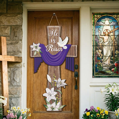 BBTO He Is Risen Easter Door Sign, 31.5 x 15.75 Inches Durable Wooden Religious Cross Hanging Decor Easter Wreaths for Front Door Christian Flowers Lent Hanging Hanger for Farmhouse Front Porch