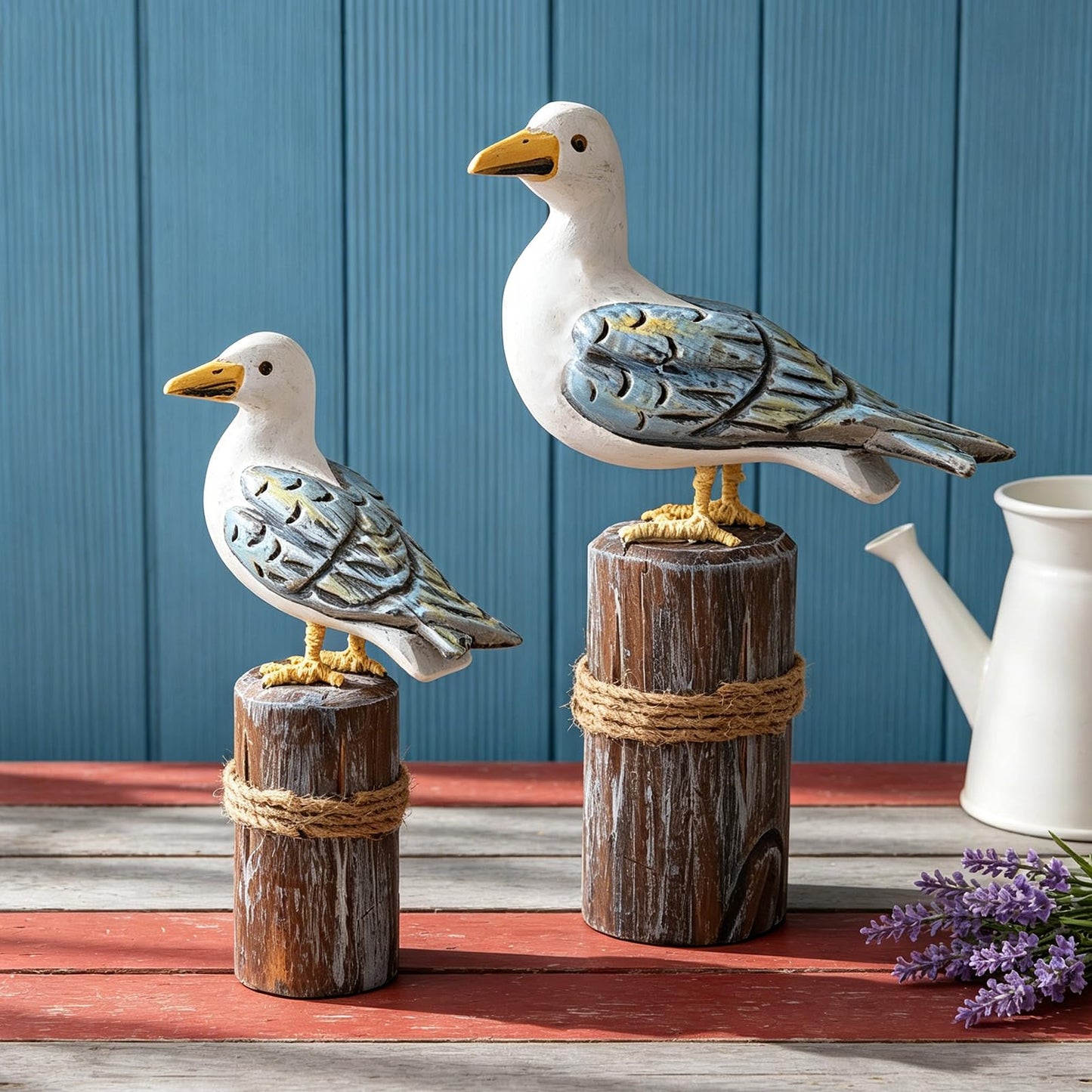 Meching 2Pcs Wooden Seagull Figurine on Piling Mediterranean Style Sea Bird Statue Craft Standing Seagull Decorations for Home Indoor Decor Living Room Kitchen Beach Party Bedroom Office Accessories