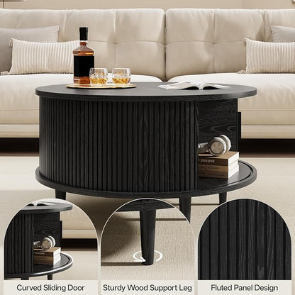 Round Coffee Table with Storage, Mid Century Modern Coffee Table, Fluted Dining Table with Sliding Door, Circle Coffee Table for Living Room Home Office, 31.5", Black