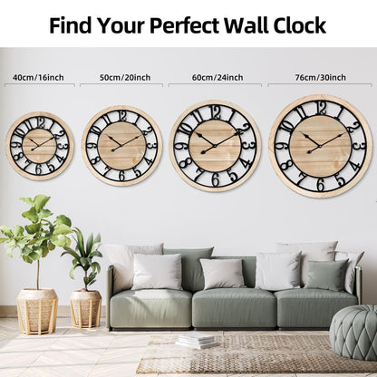 Maxstar 16'' Wall Clock for Living Room Decor, Ultra-Silent Rustic Wooden Farmhouse Wall Clock with Metal & Real Wood Frame, Battery Operated, for Kitchen Bedroom Office, Arabic Numerals