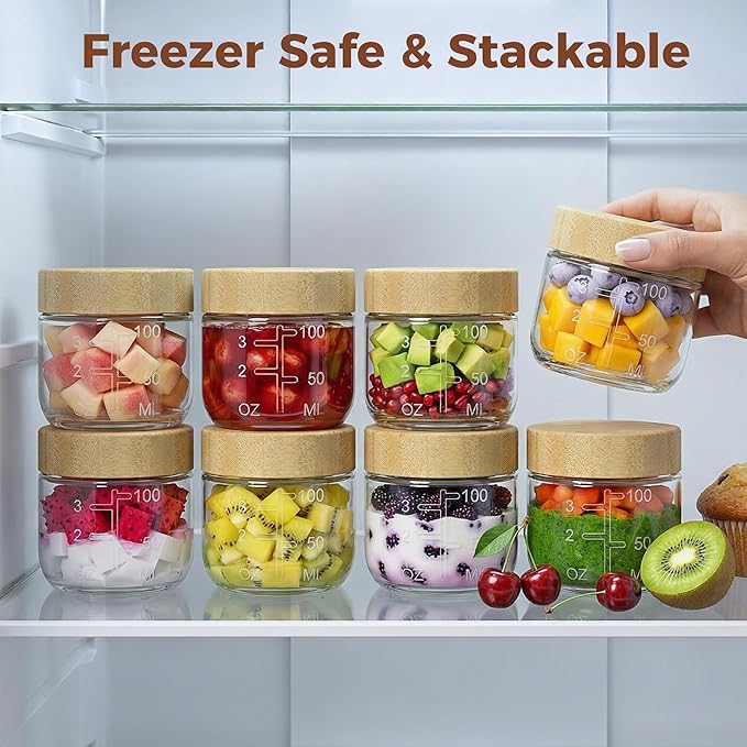HomArtist 3oz Glass Salad Dressing Containers with Bamboo Lids - 4 Pack Small Airtight Condiment Cups, Mini Sauce Jars for Picnic, Ketchup, Dip & Snacks, Leakproof, BPA-Free & Dishwasher Safe