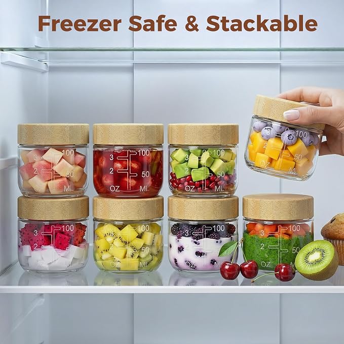HomArtist 4oz Glass Salad Dressing Containers with Bamboo Lids - 6 Pack Small Airtight Condiment Cups, Mini Sauce Jars for Picnic, Ketchup, Dip & Snacks, Leakproof, BPA-Free & Dishwasher Safe