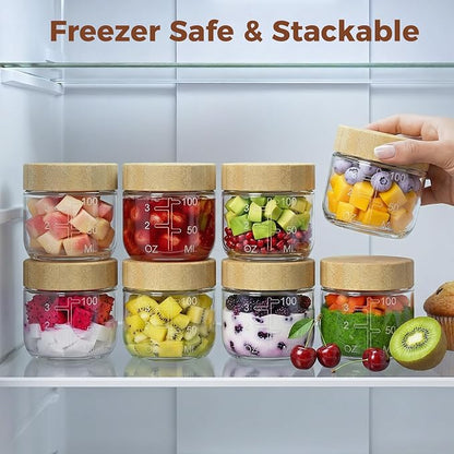HomArtist 4oz Glass Salad Dressing Containers with Bamboo Lids - 6 Pack Small Airtight Condiment Cups, Mini Sauce Jars for Picnic, Ketchup, Dip & Snacks, Leakproof, BPA-Free & Dishwasher Safe