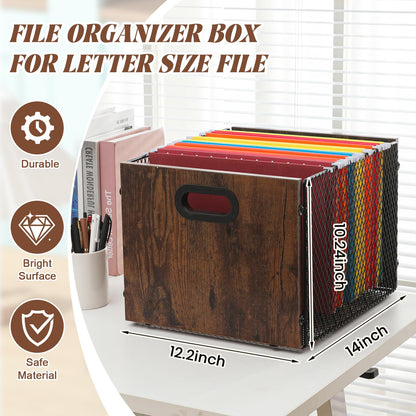 Yalikop Rustic Brown Wood File Box Organizer, Hanging Folder Storage Boxes, Filing Crate Bin Holder with Handle for Home Office Desk, Letter Size