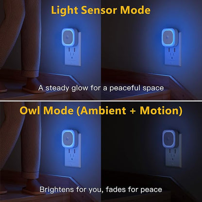 YUNLEX 2 Pack Plug in Night Light with Motion Sensor & Dusk to Dawn Sensor, 3 in 1, Auto ON/Off, Dimmable, Night Lights Plug into Wall for Bathroom, Kitchen, Light Blue